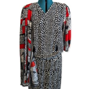 Vintage Diane Freis Georgette Midi Dress- Animal & French Art Print VTG